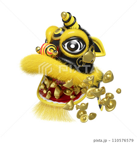 3d yellow lion dance head with chinese gold ingot for festive chinese new year holiday. 3d render illustration 3d yellow lion dance head with chinese gold ingot for festive chinese new year holiday. 3d render illustration 110576579