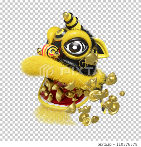 3d yellow lion dance head with chinese gold ingot for festive chinese new year holiday. 3d render illustration 3d yellow lion dance head with chinese gold ingot for festive chinese new year holiday. 3d render illustration 110576579