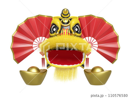 3d yellow lion dance head with fan, chinese gold ingot for festive chinese new year holiday. 3d render illustration 3d yellow lion dance head with fan, chinese gold ingot for festive chinese new year holiday. 3d render illustration 110576580