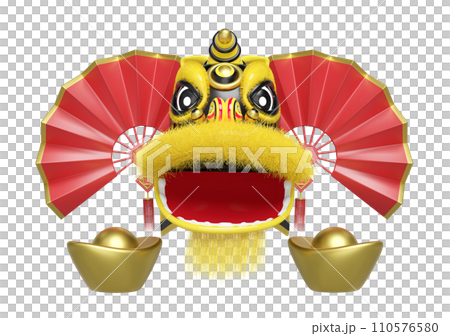 3d yellow lion dance head with fan, chinese gold ingot for festive chinese new year holiday. 3d render illustration 3d yellow lion dance head with fan, chinese gold ingot for festive chinese new year holiday. 3d render illustration 110576580