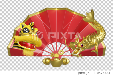3d fan with lion dance head, dragon, chinese gold ingot, coin for festive chinese new year holiday. 3d render illustration 3d fan with lion dance head, dragon, chinese gold ingot, coin for festive chinese new year holiday. 3d render illustration 110576583