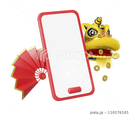 3d mobile phone, smartphone with yellow lion dance head, chinese coin, fan for festive chinese new year holiday. 3d render illustration 3d mobile phone, smartphone with yellow lion dance head, chinese coin, fan for festive chinese new year holiday. 3d render illustration 110576585