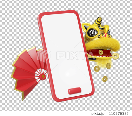 3d mobile phone, smartphone with yellow lion dance head, chinese coin, fan for festive chinese new year holiday. 3d render illustration 3d mobile phone, smartphone with yellow lion dance head, chinese coin, fan for festive chinese new year holiday. 3d render illustration 110576585