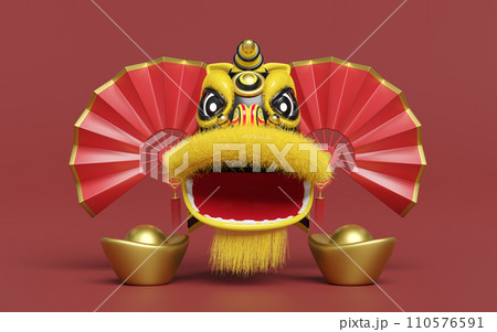 3d yellow lion dance head with fan, chinese gold ingot for festive chinese new year holiday. 3d render illustration 3d yellow lion dance head with fan, chinese gold ingot for festive chinese new year holiday. 3d render illustration 110576591
