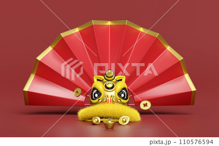 3d fan with yellow lion dance head chinese gold ingot, coin for festive chinese new year holiday. 3d render illustration 3d fan with yellow lion dance head chinese gold ingot, coin for festive chinese new year holiday. 3d render illustration 110576594