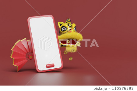 3d mobile phone, smartphone with yellow lion dance head, chinese coin, fan for festive chinese new year holiday. 3d render illustration 3d mobile phone, smartphone with yellow lion dance head, chinese coin, fan for festive chinese new year holiday. 3d render illustration 110576595