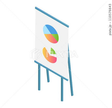Isometric flip chart with colorful pie charts and graphs. Corporate presentation and data analysis. Infographic board for business meeting vector illustration. 110576643