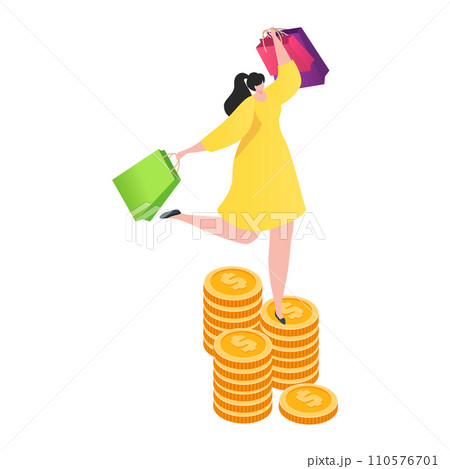 Woman in yellow dress standing on money coins stack holding shopping bags. Consumerism concept and financial success. Wealth and shopping happiness vector illustration. Woman in yellow dress standing on money coins stack holding shopping bags. Consumerism concept and financial success. Wealth and shopping happiness vector illustration. 110576701