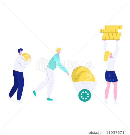 People carrying large coins and gold bars, person pushing a wheelbarrow full of coin. Financial success and savings concept vector illustration. 110576714