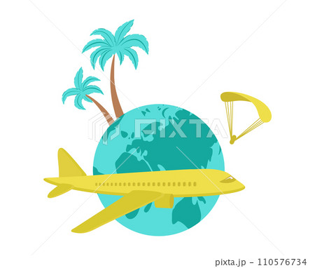 Yellow airplane flying around globe with palm trees and parachute. Travel concept and adventure vector illustration. Yellow airplane flying around globe with palm trees and parachute. Travel concept and adventure vector illustration. 110576734
