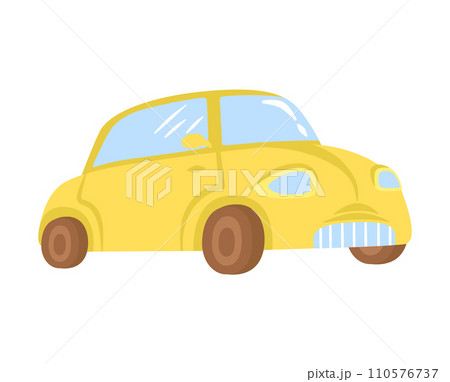 Cute yellow cartoon car with big eyes and smile. Child-friendly vehicle design with a cheerful face. Kid's toy and animated automobile vector illustration. 110576737