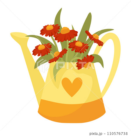 Yellow watering can with red flowers, flat design. Spring gardening vector illustration. 110576738