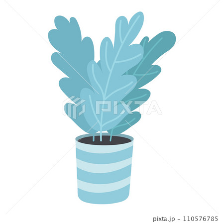 Blue potted plant illustration, simple houseplant in striped pot, minimalist flora decor. Indoor plant vector design, Scandinavian style home decoration vector illustration. 110576785