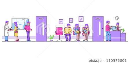 People waiting in hospital reception area, a doctor consulting a patient. Mother and child seating, man talking to receptionist. Healthcare access and patient visit vector illustration. People waiting in hospital reception area, a doctor consulting a patient. Mother and child seating, man talking to receptionist. Healthcare access and patient visit vector illustration. 110576801