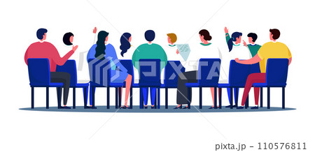 Group of diverse people sitting in a meeting, audience participation, presenting report. Business meeting, team discussion, interactive workshop vector illustration. 110576811