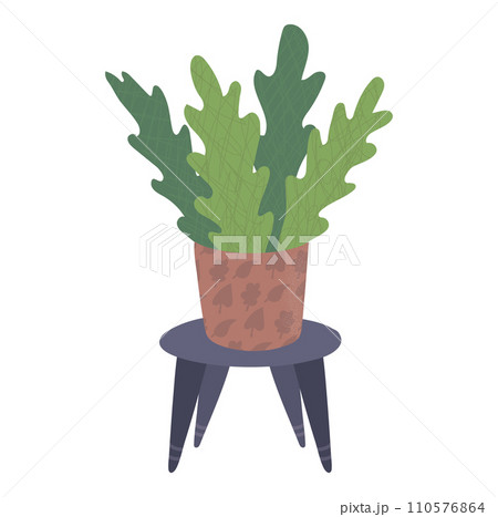 Potted plant with green leaves on a small table, indoor decorative flora. Home or office decor, nature vector illustration. 110576864