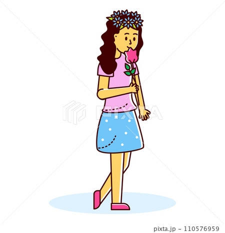 Young woman smelling rose with pleasure, wearing skirt and flower crown. Serene lady enjoys fresh flower. Scent of spring and femininity concept vector illustration. 110576959