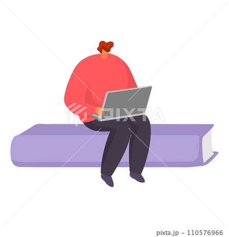 Young man with ginger hair working on laptop while sitting on purple bench. Freelancer typing, remote work, digital nomad vector illustration. Young man with ginger hair working on laptop while sitting on purple bench. Freelancer typing, remote work, digital nomad vector illustration. 110576966