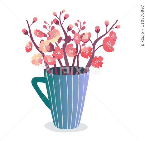 Spring flowers in a blue striped mug. Cherry blossoms in a cup. Floral decoration and springtime concept vector illustration. 110576997