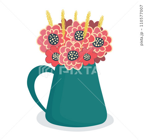 Bouquet of red flowers in a blue jug. Decorative floral arrangement, home decoration. Springtime blooms, simple flowerpot design vector illustration. 110577007