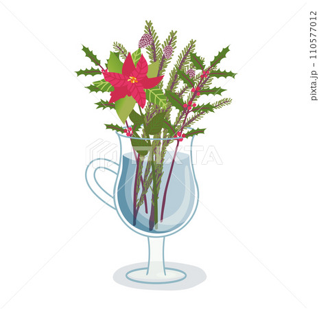 Red poinsettia and holly leaves with berries in a glass vase. Festive Christmas floral arrangement vector illustration. Holiday decorations and winter plants. Red poinsettia and holly leaves with berries in a glass vase. Festive Christmas floral arrangement vector illustration. Holiday decorations and winter plants. 110577012