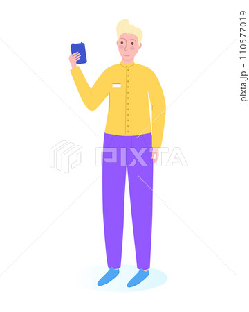 Young blonde man in casual clothes holding a clipboard. Smiling male character with document, casual outfit, and friendly look. Professional presentation and office worker concept vector illustration. 110577019
