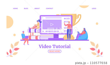 Cartoon people learning online sitting on books and bean bag next to giant computer. Online education and e-learning concept vector illustration 110577038