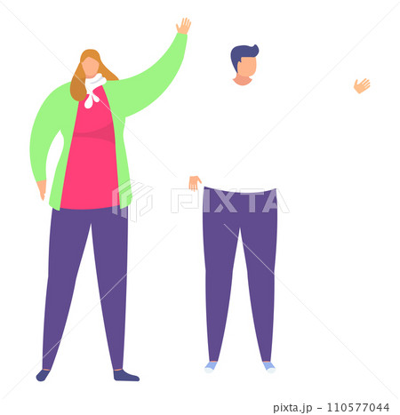 Woman waving hello with disassembled man parts floating. Simplified abstract people greeting, body parts disconnected. Friendly greeting, abstract human figures vector illustration. Woman waving hello with disassembled man parts floating. Simplified abstract people greeting, body parts disconnected. Friendly greeting, abstract human figures vector illustration. 110577044