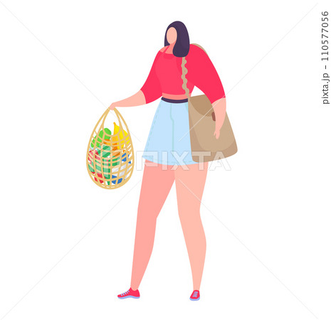 Young woman holding a reusable mesh bag full of fresh fruits. Eco-friendly shopping and zero waste lifestyle vector illustration. Young woman holding a reusable mesh bag full of fresh fruits. Eco-friendly shopping and zero waste lifestyle vector illustration. 110577056