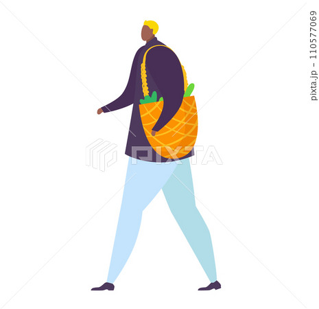 Woman in casual clothing carrying grocery shopping bag filled with vegetables, sustainable shopping concept. Conscious consumerism and eco-friendly lifestyle vector illustration. Woman in casual clothing carrying grocery shopping bag filled with vegetables, sustainable shopping concept. Conscious consumerism and eco-friendly lifestyle vector illustration. 110577069
