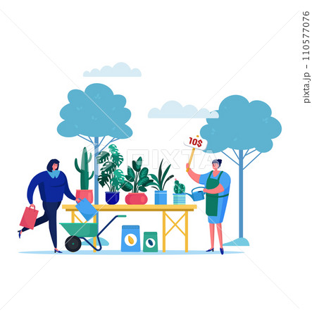 Woman sells indoor plants at outdoor market, man with shopping bags buys from her. Gardening sale event with customers and sellers. People and nature connection vector illustration. 110577076