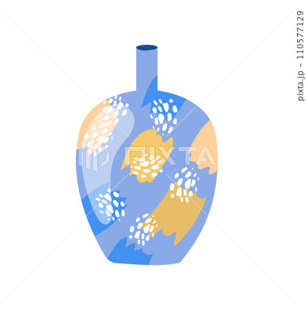 Abstract blue vase with yellow and white floral pattern. Stylish ceramic pottery design with modern decoration. Contemporary home decor and interior vector illustration. 110577129