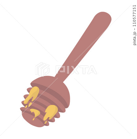 Flat design honey dipper with dripping honey. Sweet organic honey flowing from wooden dipper vector illustration. 110577151