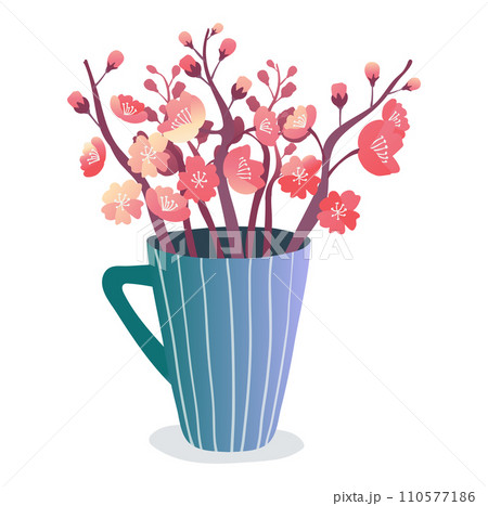Spring flowers in a blue mug. Pink cherry blossoms bouquet. Floral decoration vector illustration. Springtime, home decor, cheerful design vector illustration. 110577186