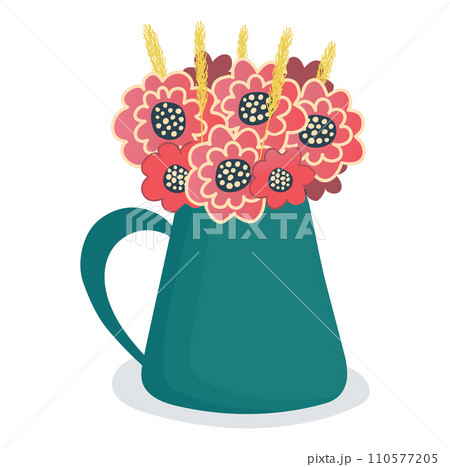 Colorful flowers in a blue pitcher, stylized floral arrangement with wheat. Home decor and spring blossoms vector illustration. Colorful flowers in a blue pitcher, stylized floral arrangement with wheat. Home decor and spring blossoms vector illustration. 110577205