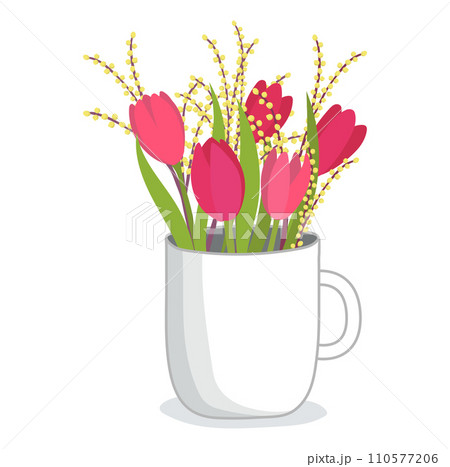 Red tulips and yellow mimosa flowers in white mug, spring bouquet vector illustration. Fresh blooms arrangement, springtime decor, floral composition. Red tulips and yellow mimosa flowers in white mug, spring bouquet vector illustration. Fresh blooms arrangement, springtime decor, floral composition. 110577206