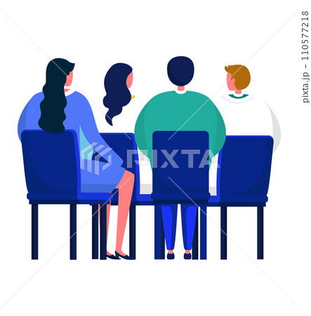 Three people sitting in a row, two women and a man in the middle. People in a meeting or audience setting. Professional group listening vector illustration. 110577218