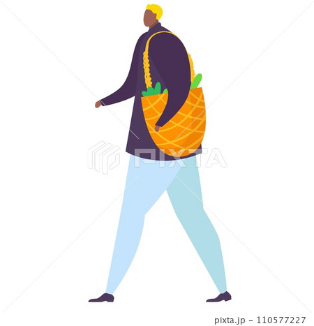 Woman with grocery bag walking casually. Lady shopper with a pineapple shaped reusable bag. Eco-friendly shopping habits vector illustration. 110577227