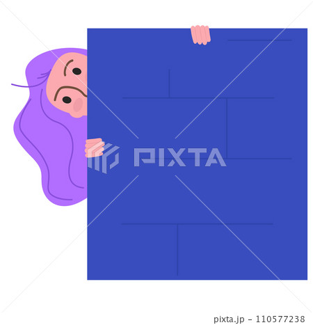 Woman peeking behind blue wall, curious female with purple hair looking at something. Playful character hiding, peekaboo moment vector illustration. Woman peeking behind blue wall, curious female with purple hair looking at something. Playful character hiding, peekaboo moment vector illustration. 110577238