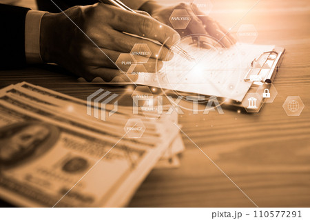 Stock market or forex trading graph and candlestick chart suitable for financial investment concept. Economy trends background for business idea and all art work design. Abstract finance background.. 110577291