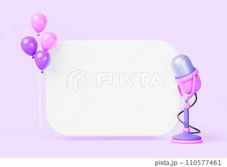 3d render blank white board with microphone and balloons icon on pink background. Announcement of holiday broadcast, podcast, stream, karaoke party or music live radio, Cartoon banner. 3D illustration 3d render blank white board with microphone and balloons icon on pink background. Announcement of holiday broadcast, podcast, stream, karaoke party or music live radio, Cartoon banner. 3D illustration 110577461