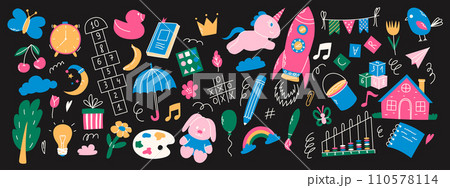 Colorful daycare doodle elements. Unicorn, hopscotch, toys, crown, umbrella, house, tree and other elements. Colorful daycare doodle elements. Unicorn, hopscotch, toys, crown, umbrella, house, tree and other elements. 110578114