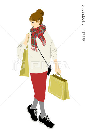買い物をしているチェックのマフラーを巻いたお団子ヘアの女の子のイラスト 買い物をしているチェックのマフラーを巻いたお団子ヘアの女の子のイラスト 110578116