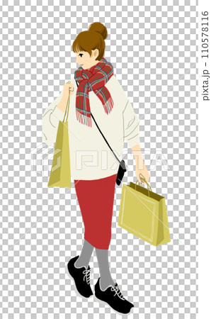 買い物をしているチェックのマフラーを巻いたお団子ヘアの女の子のイラスト 買い物をしているチェックのマフラーを巻いたお団子ヘアの女の子のイラスト 110578116