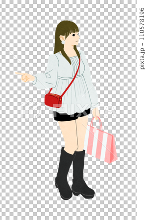 一個長髮女孩在購物時穿著襯衫和短褲的插圖 110578196