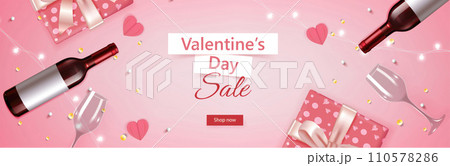 Valentines day vector banner template. Happy valentines day greeting typography with valentine elements of champagne, wine glass and gift with empty space for text and messages in red background. 110578286