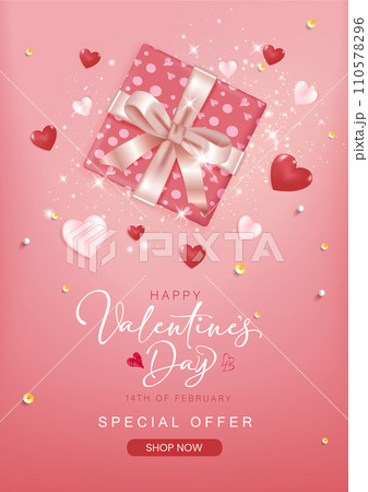 Valentines day vector banner template. Happy valentines day greeting typography with valentine elements of heart and gift with empty space for text and messages in red background. 110578296