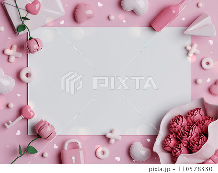 Happy Valentine's Day card with pink rose, pink balloon heart And pink letters, place for sending messages, top view. 3D illustration 110578330