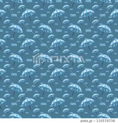 Seamless pattern with umbrellas. Cute cartoon, seasons, rainy background with blue umbrellas. Hand drawn.  110578736
