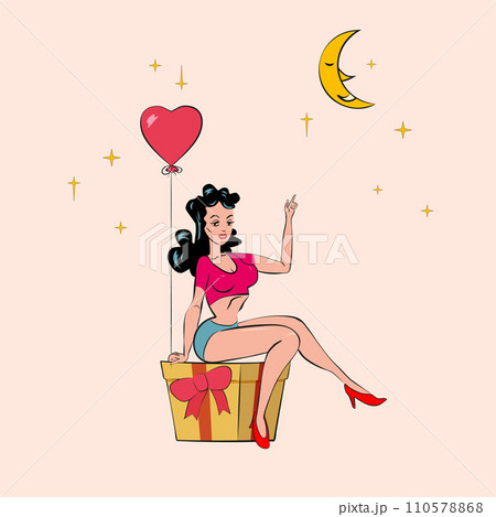 Sexy Pin-up woman sits on a gift box with holds an inflatable heart and points a finger to the moon. Vector in retro comic style isolated illustration halftone Sexy Pin-up woman sits on a gift box with holds an inflatable heart and points a finger to the moon. Vector in retro comic style isolated illustration halftone 110578868